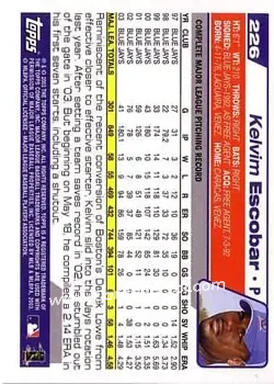 2004 Topps #226 - Kelvim Escobar - Toronto Blue Jays - Back