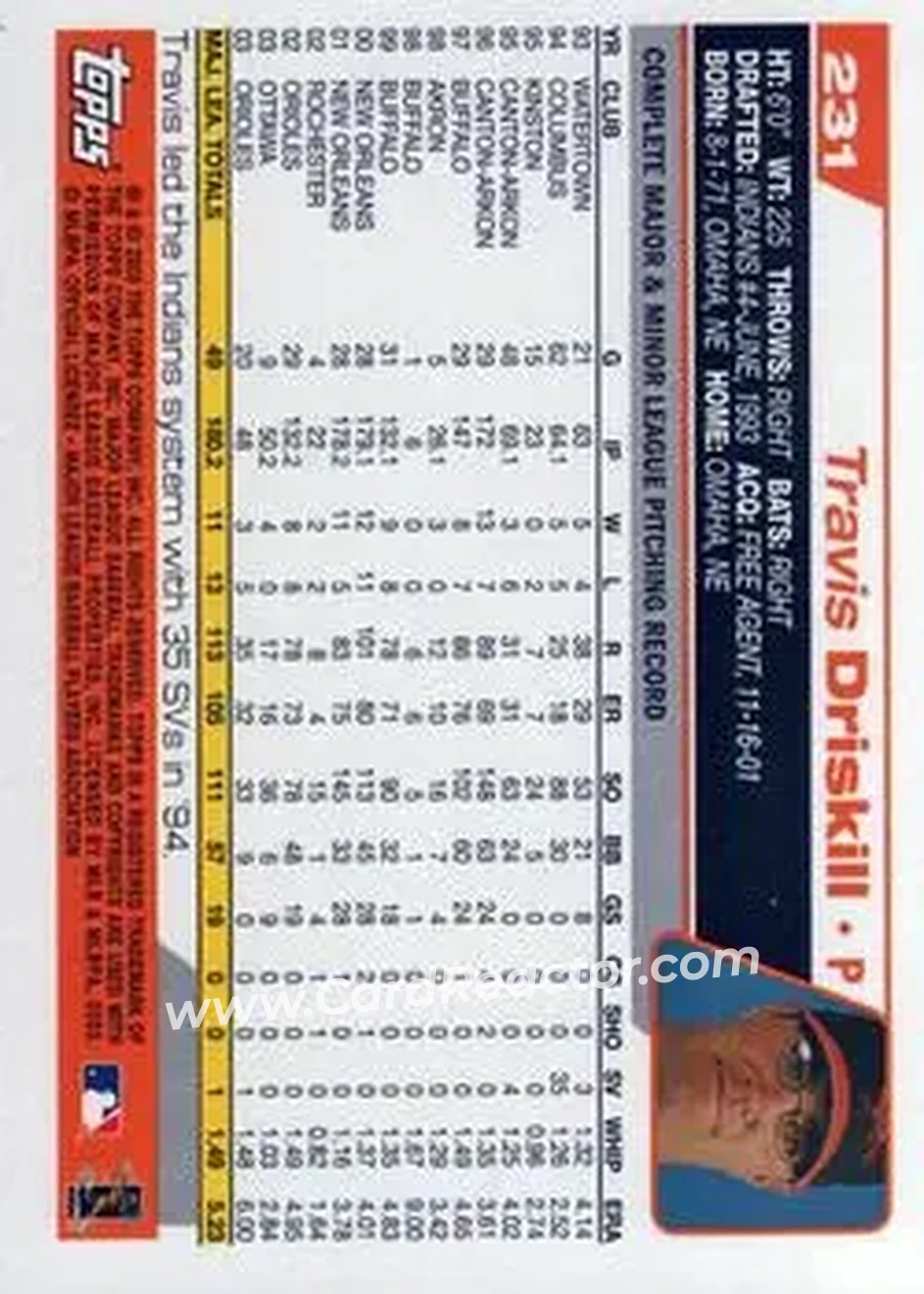 2004 Topps #231 - Travis Driskill - Baltimore Orioles - Back