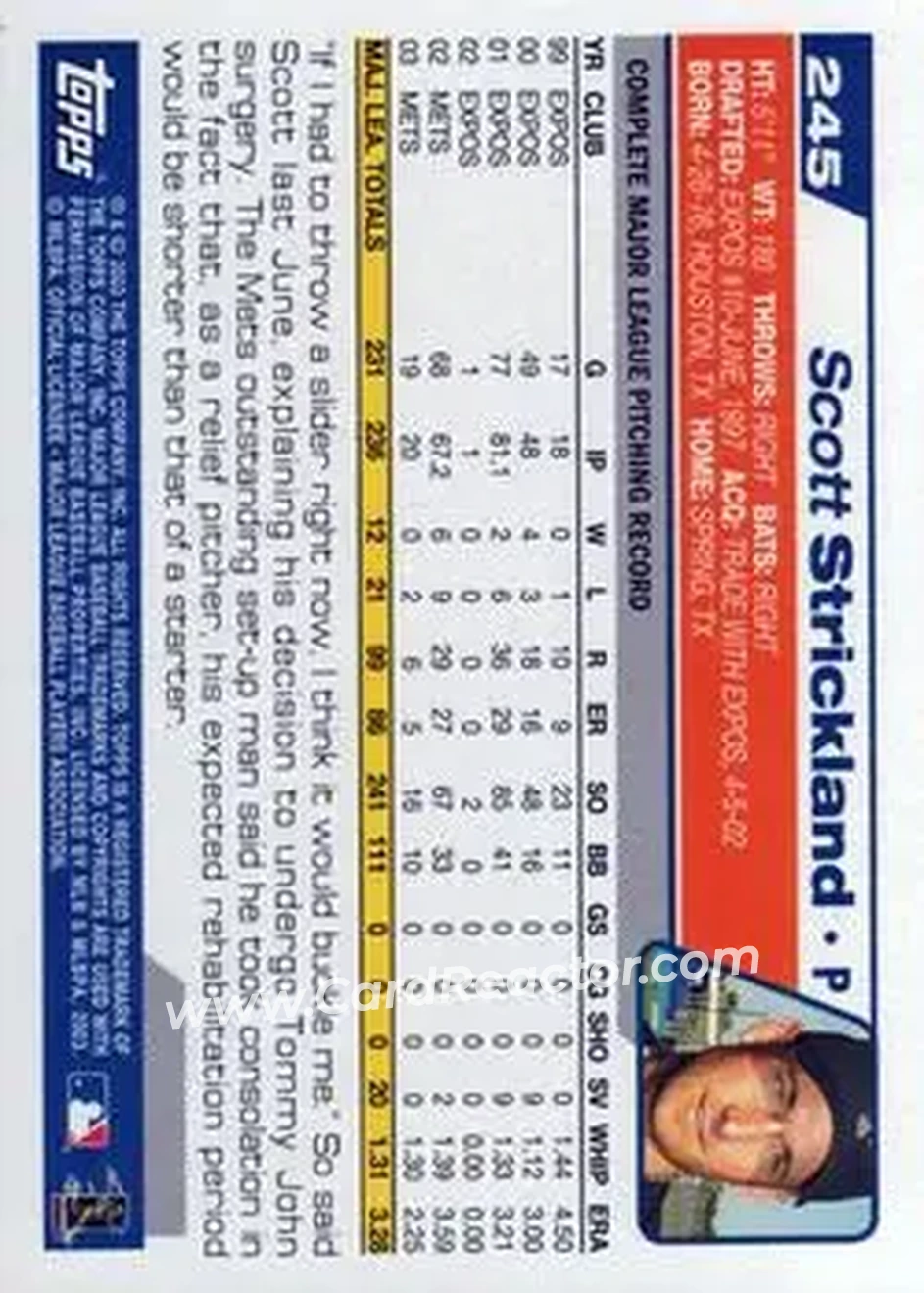 2004 Topps #245 - Scott Strickland - New York Mets - Back