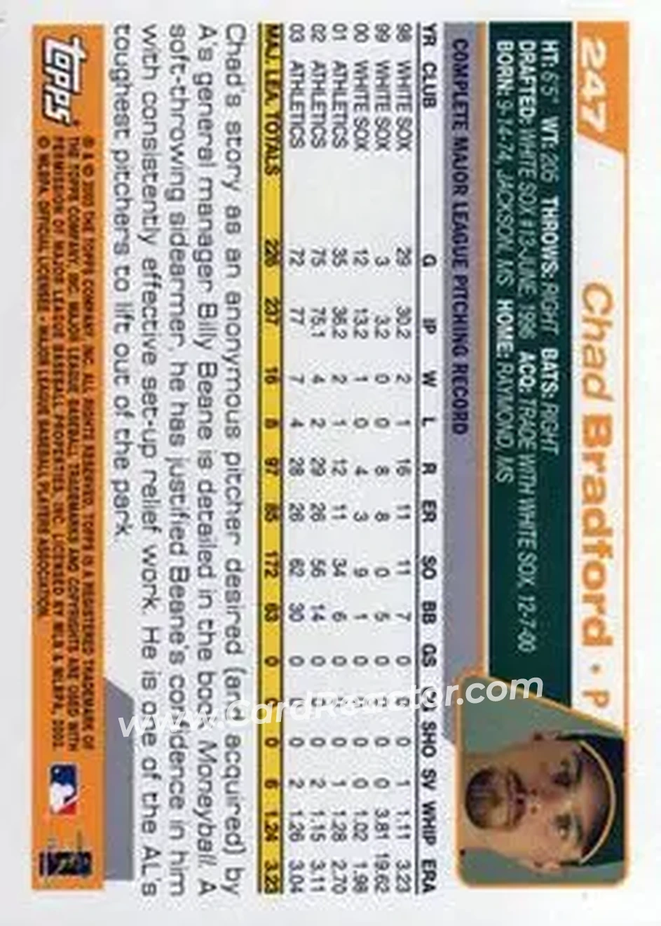 2004 Topps #247 - Chad Bradford - Oakland Athletics - Back
