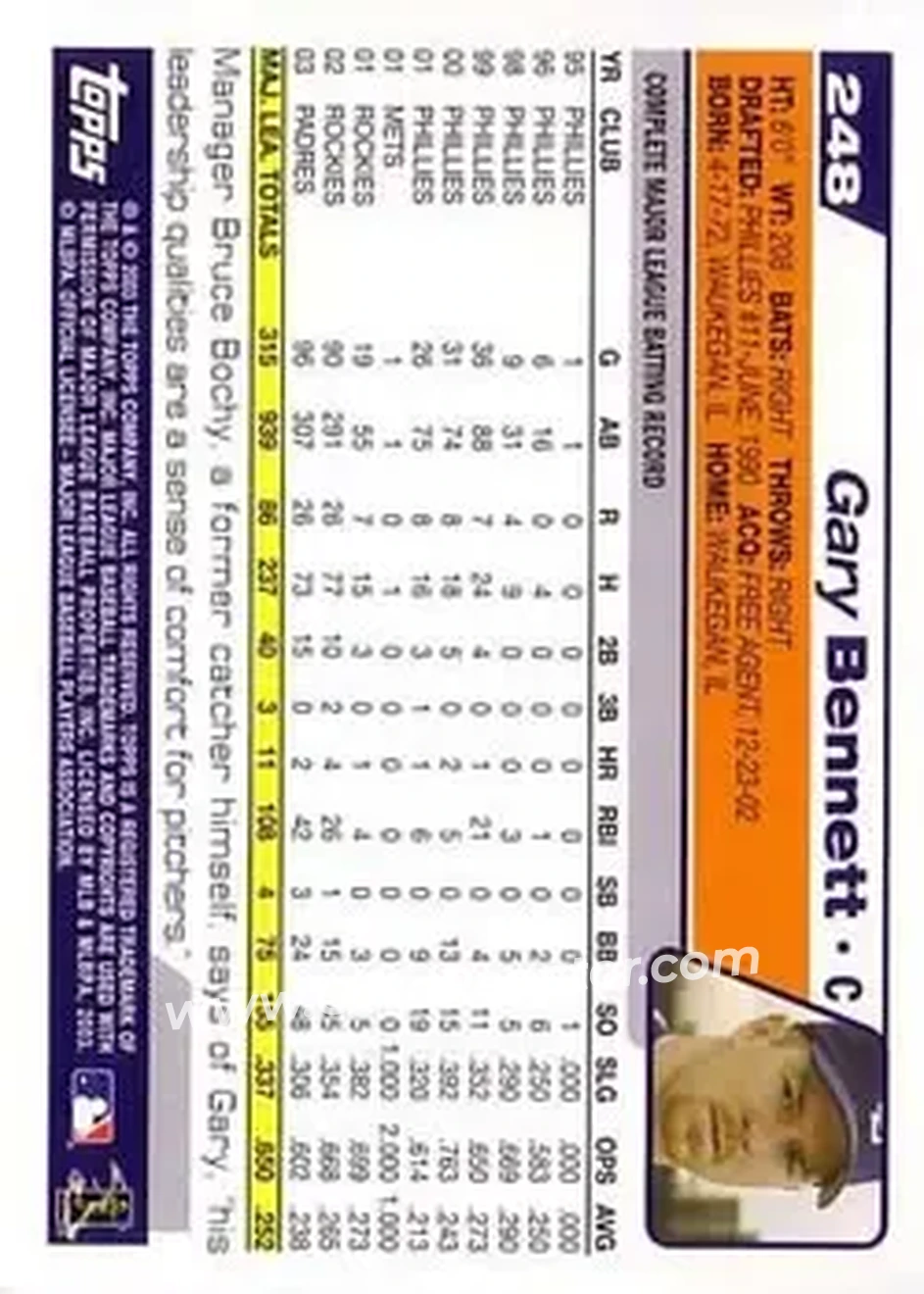 2004 Topps #248 - Gary Bennett - San Diego Padres - Back 2004 Topps #248 - Gary Bennett - San Diego Padres - Back