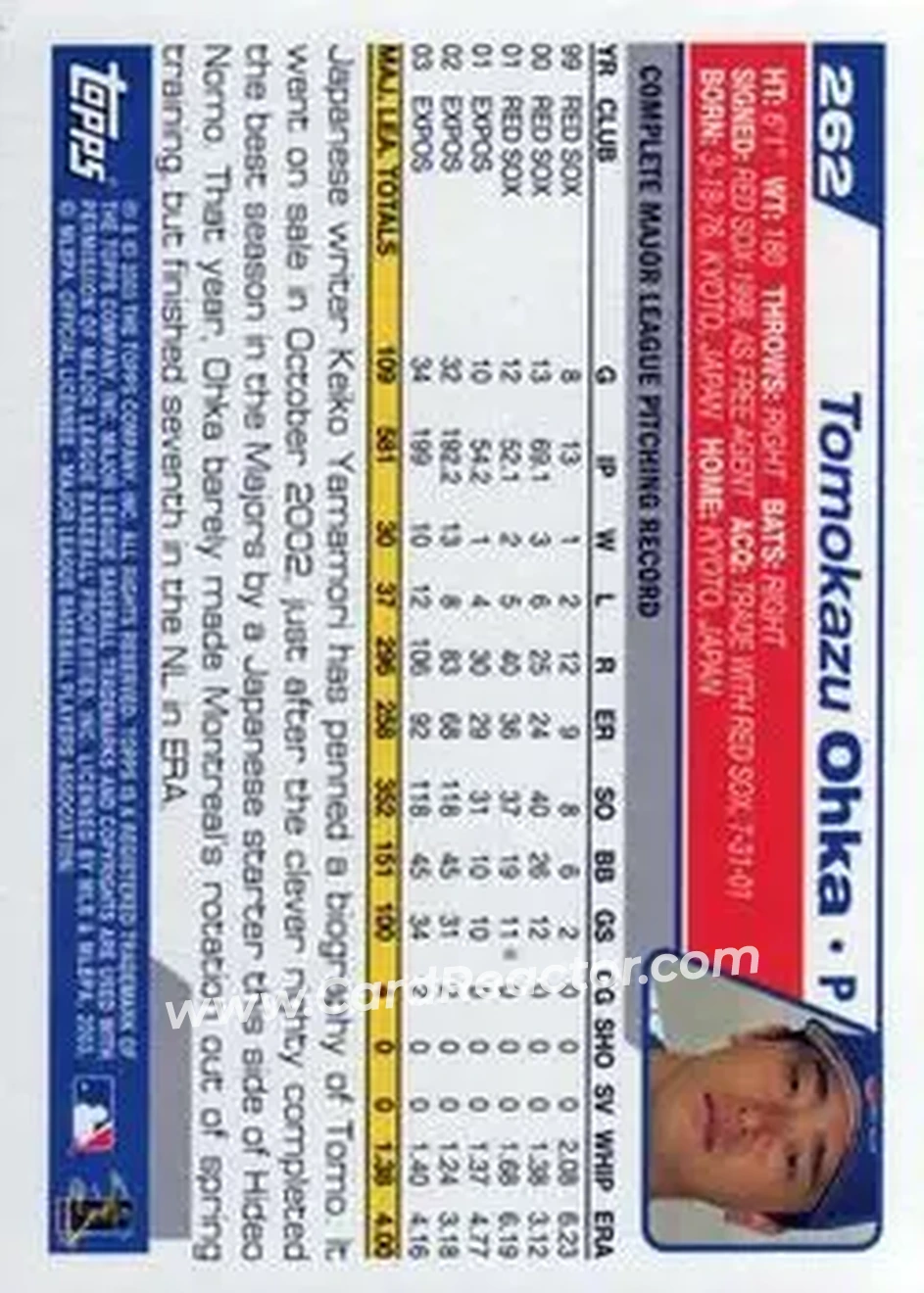 2004 Topps #262 - Tomo Ohka - Montreal Expos - Back