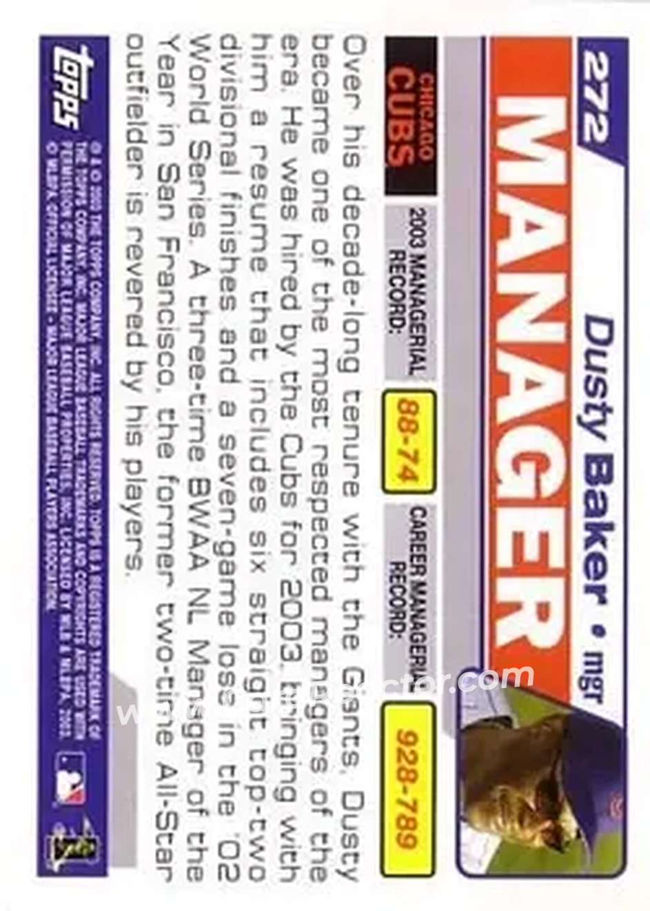 2004 Topps #272 - Dusty Baker - Chicago Cubs - Back 2004 Topps #272 - Dusty Baker - Chicago Cubs - Back