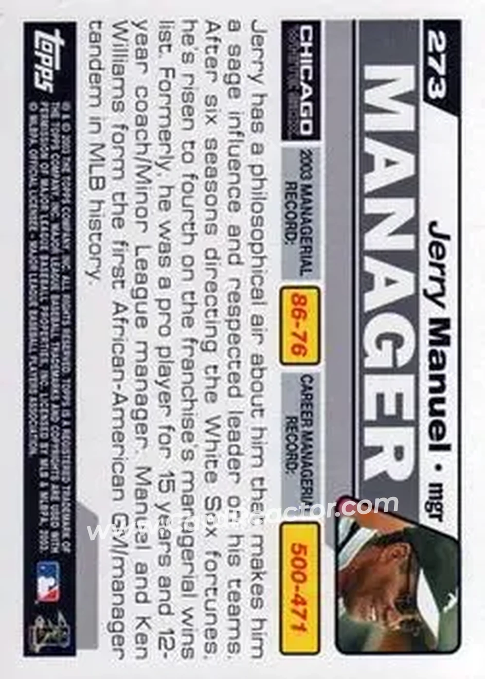2004 Topps #273 - Jerry Manuel - Chicago White Sox - Back