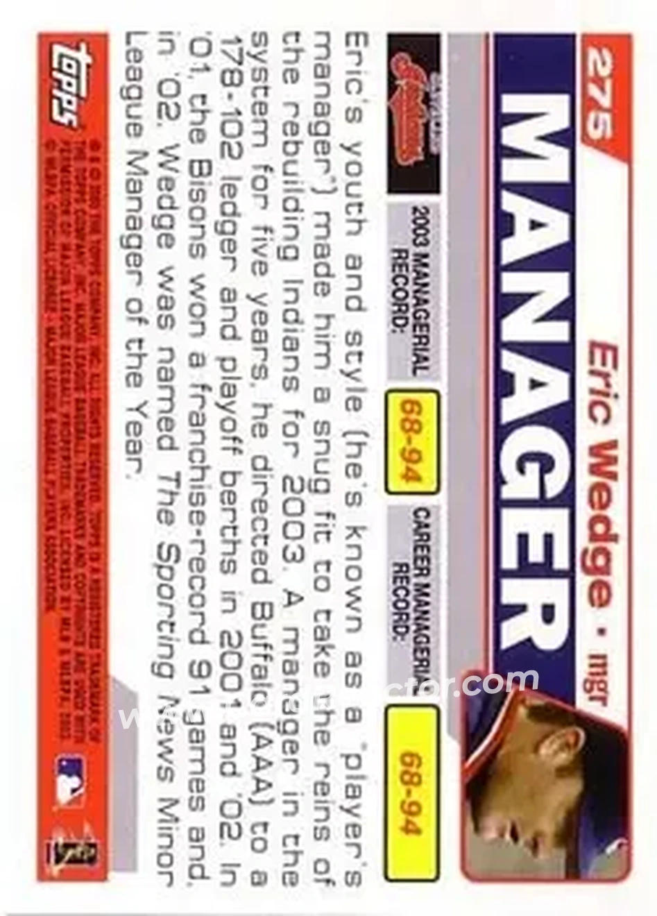 2004 Topps #275 - Eric Wedge - Cleveland Indians - Back 2004 Topps #275 - Eric Wedge - Cleveland Indians - Back