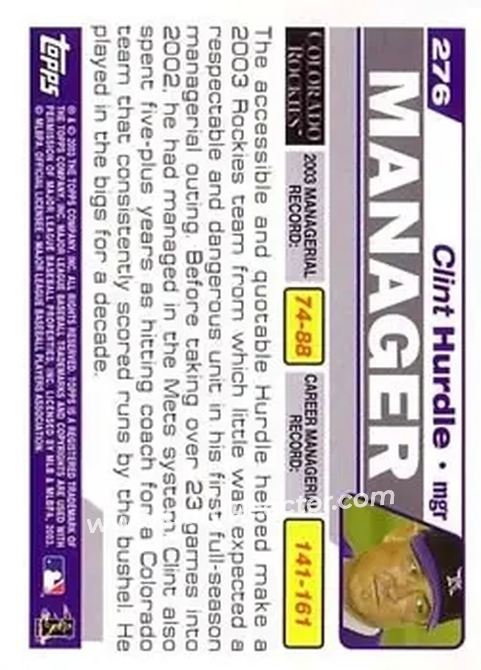 2004 Topps #276 - Clint Hurdle - Colorado Rockies - Back