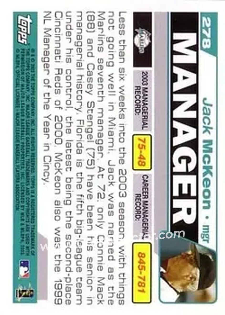 2004 Topps #278 - Jack McKeon - Florida Marlins - Back