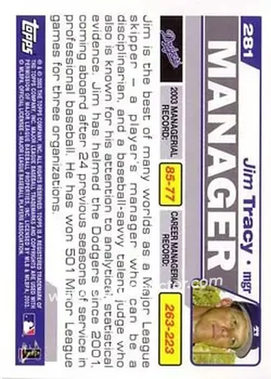 2004 Topps #281 - Jim Tracy - Los Angeles Dodgers - Back