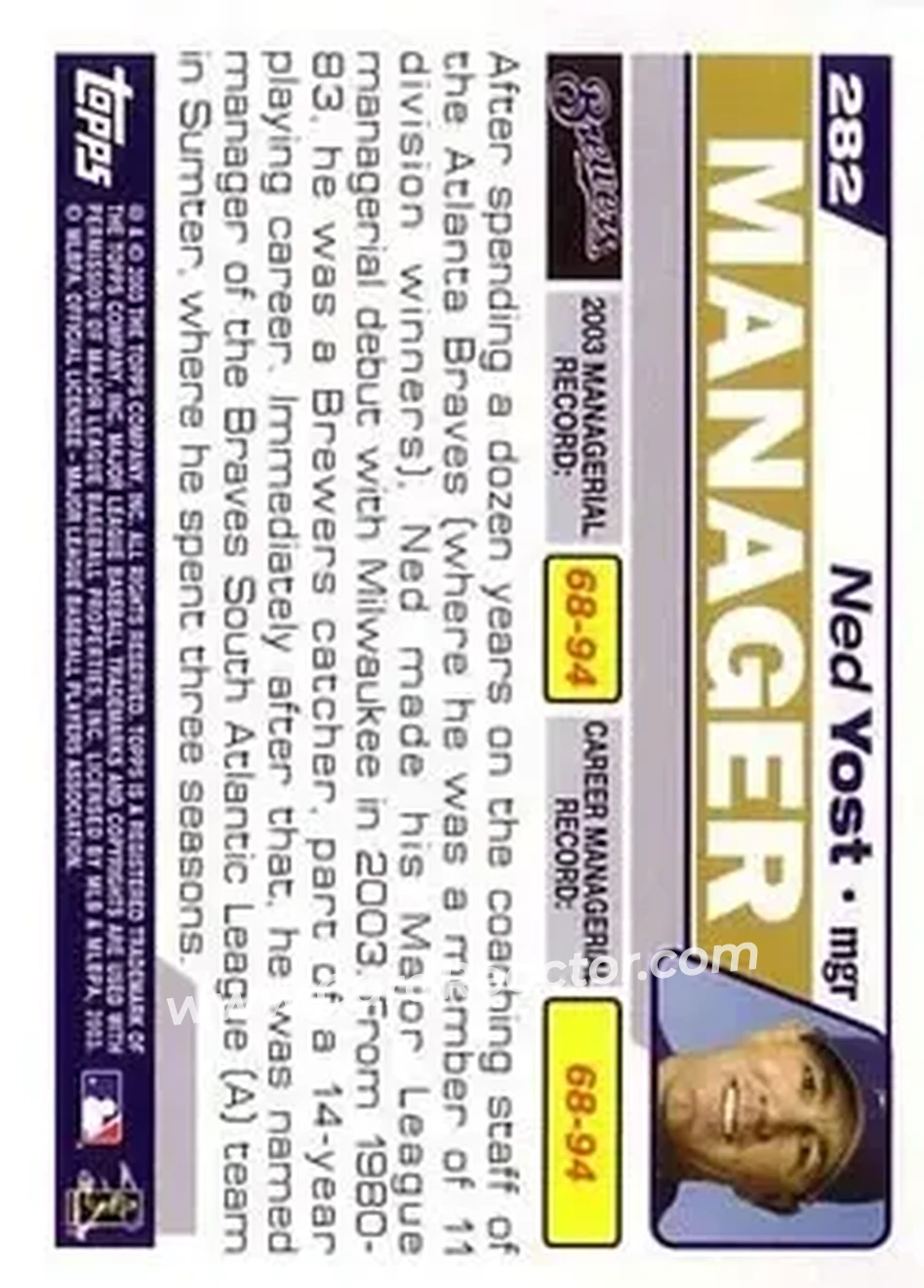 2004 Topps #282 - Ned Yost - Milwaukee Brewers - Back