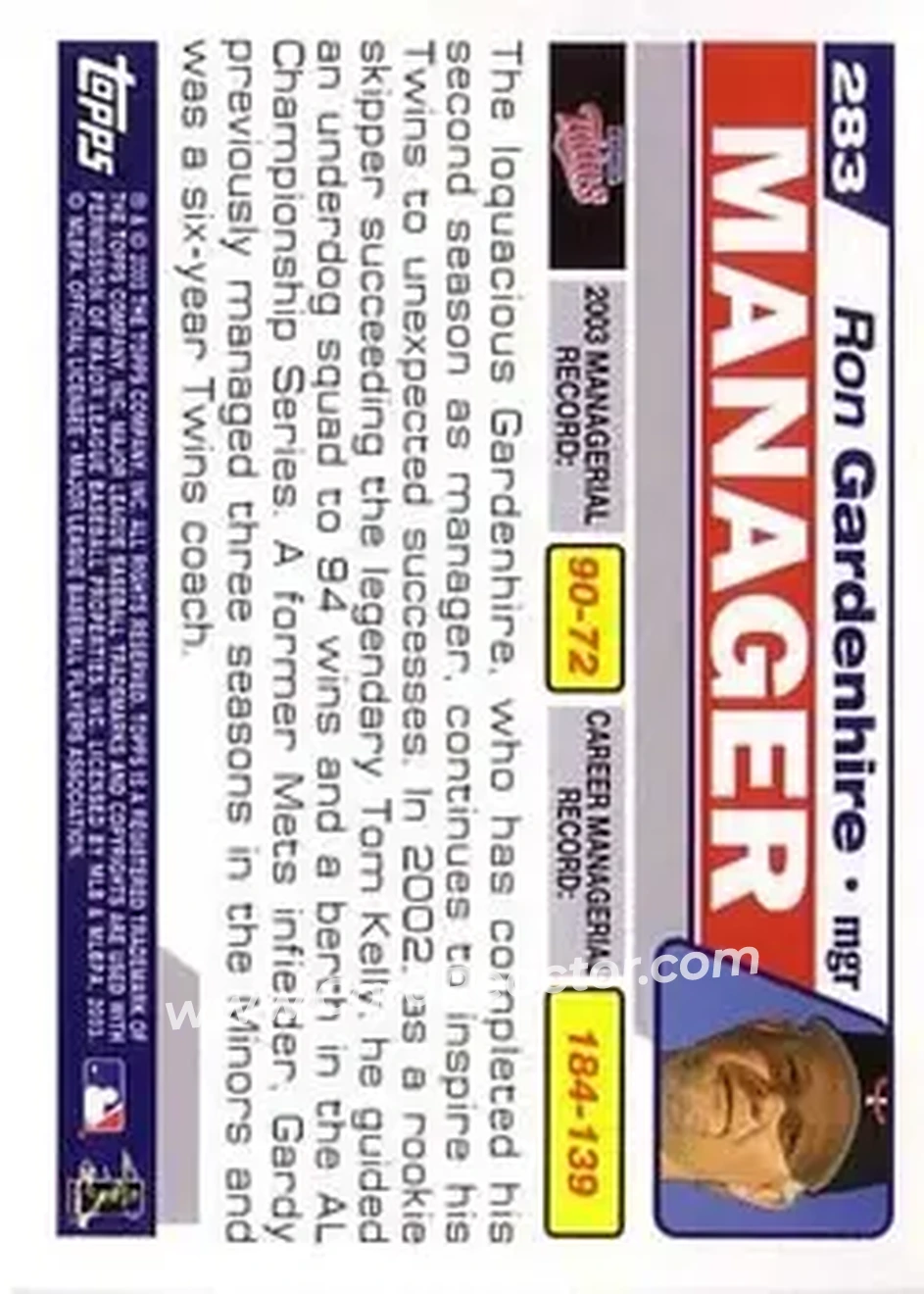2004 Topps #283 - Ron Gardenhire - Minnesota Twins - Back