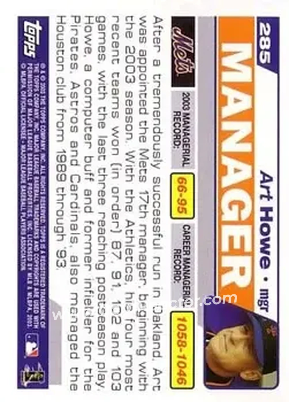 2004 Topps #285 - Art Howe - New York Mets - Back