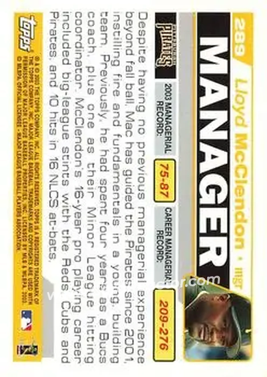 2004 Topps #289 - Lloyd McClendon - Pittsburgh Pirates - Back