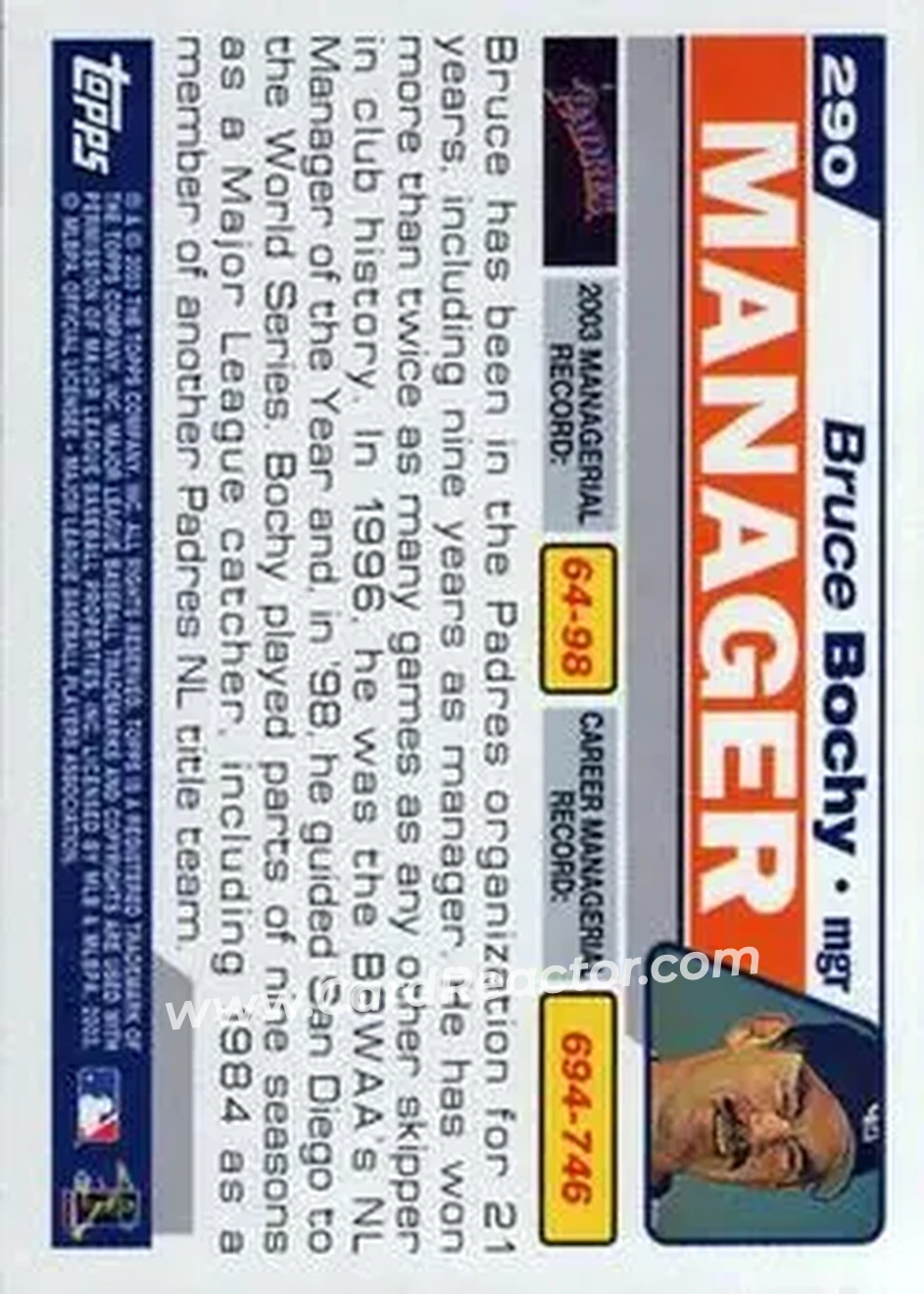 2004 Topps #290 - Bruce Bochy - San Diego Padres - Back