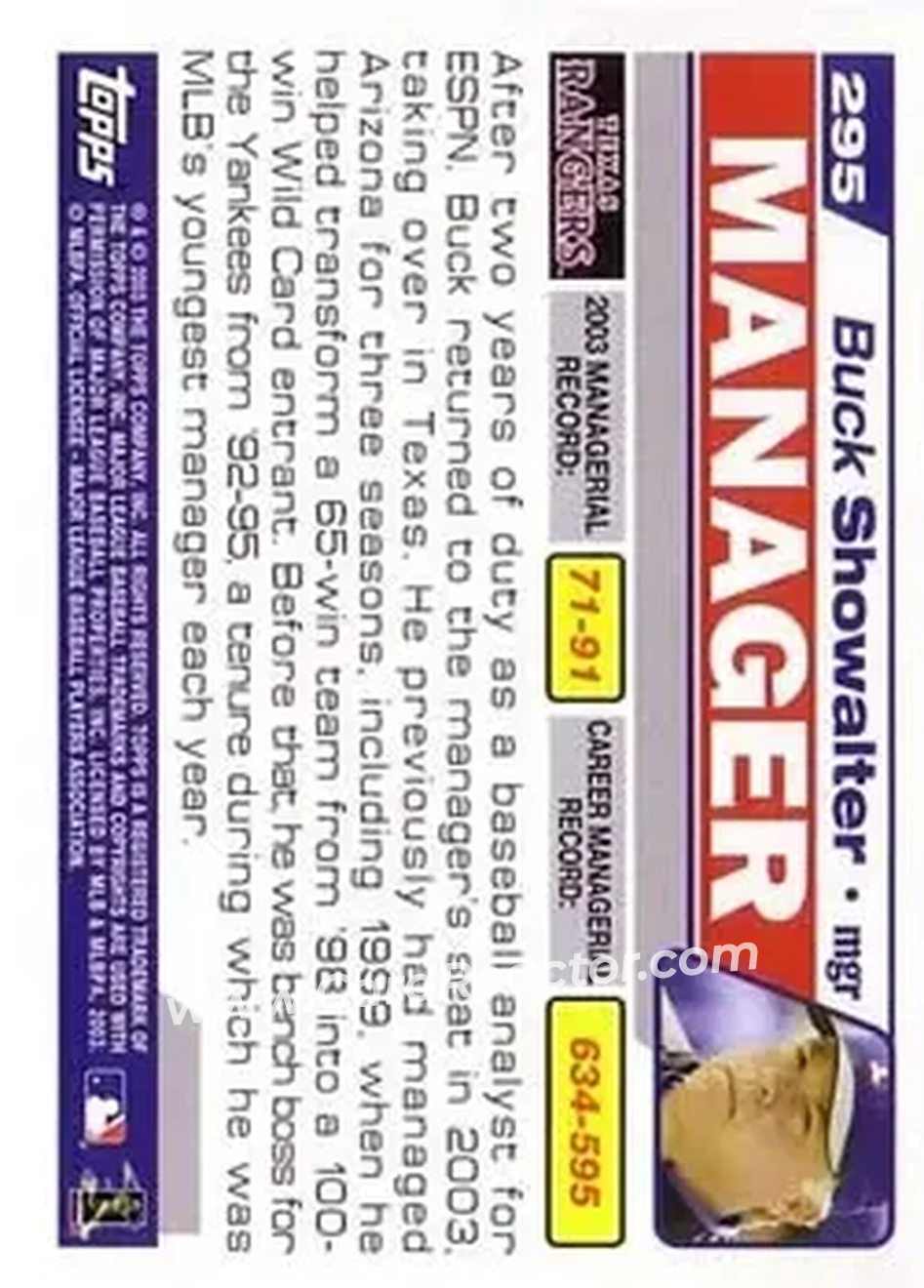2004 Topps #295 - Buck Showalter - Texas Rangers - Back 2004 Topps #295 - Buck Showalter - Texas Rangers - Back