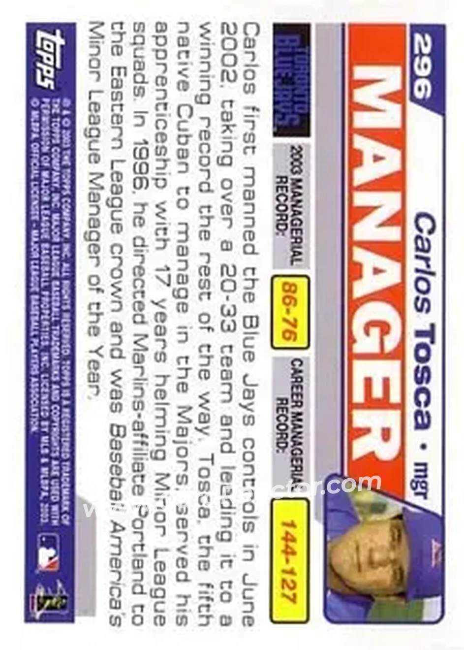 2004 Topps #296 - Carlos Tosca - Toronto Blue Jays - Back
