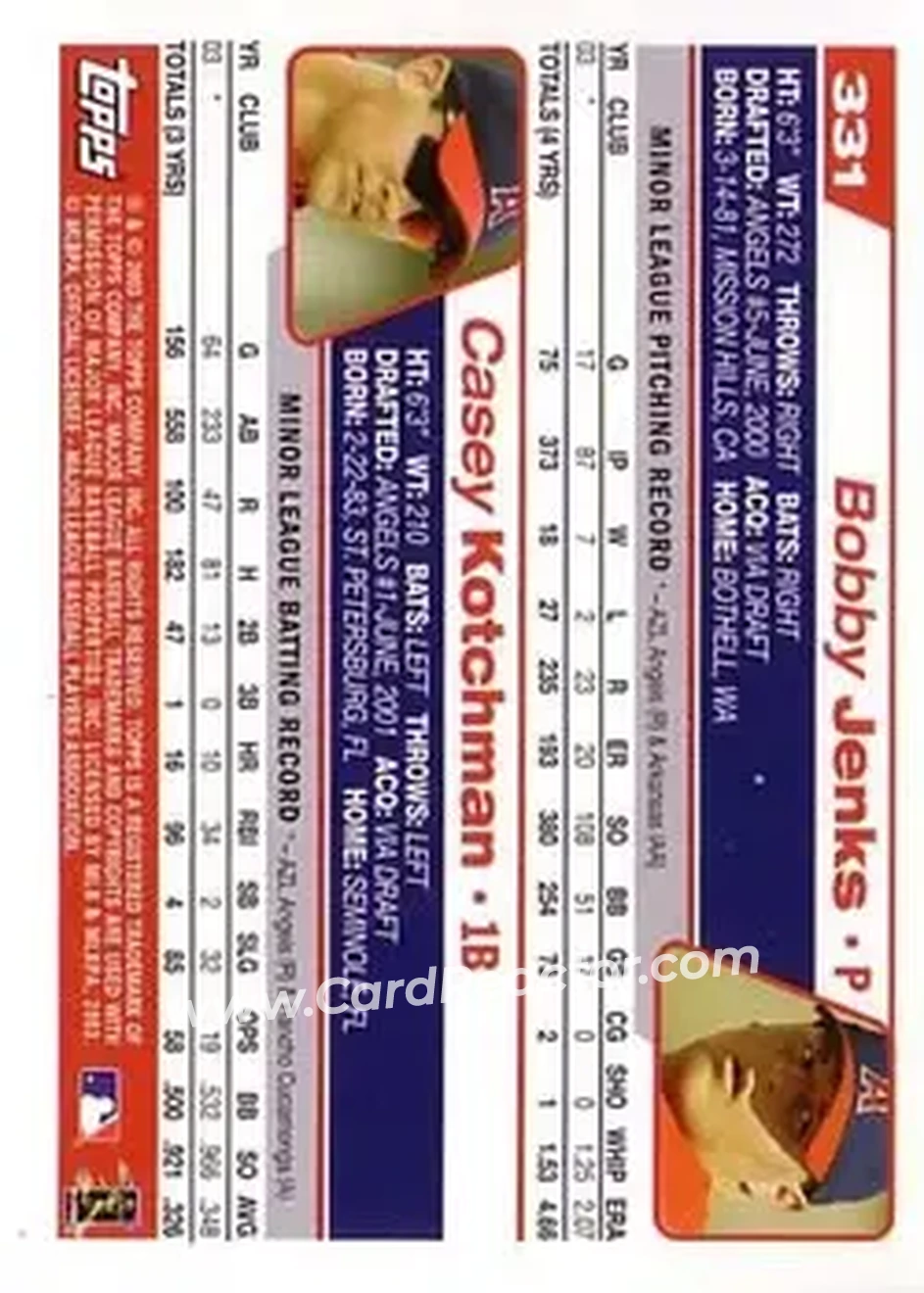 2004 Topps #331 - 2004 Anaheim Angels Future Stars (Bobby Jenks - Casey Kotchman) - Anaheim Angels - Back