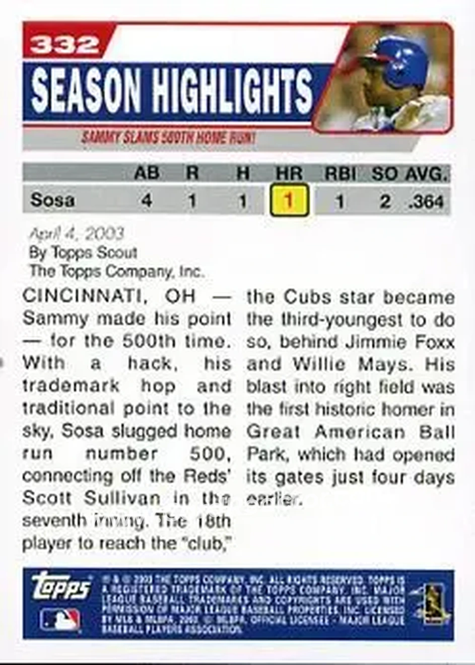 2004 Topps #332 - Sammy Slams 500th Home Run - Chicago Cubs - Back