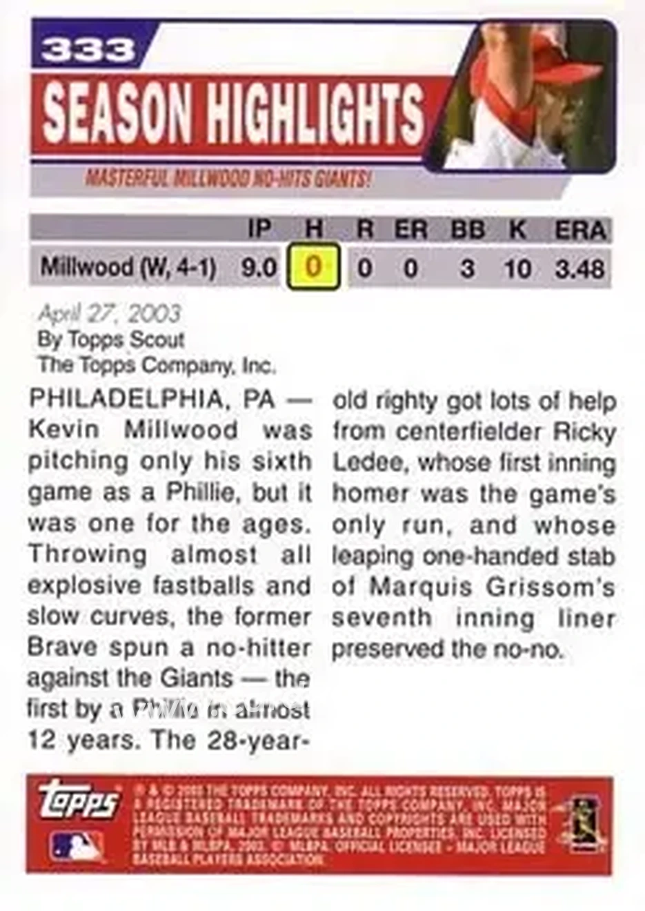 2004 Topps #333 - Masterful Millwood No Hits Giants - Philadelphia Phillies - Back