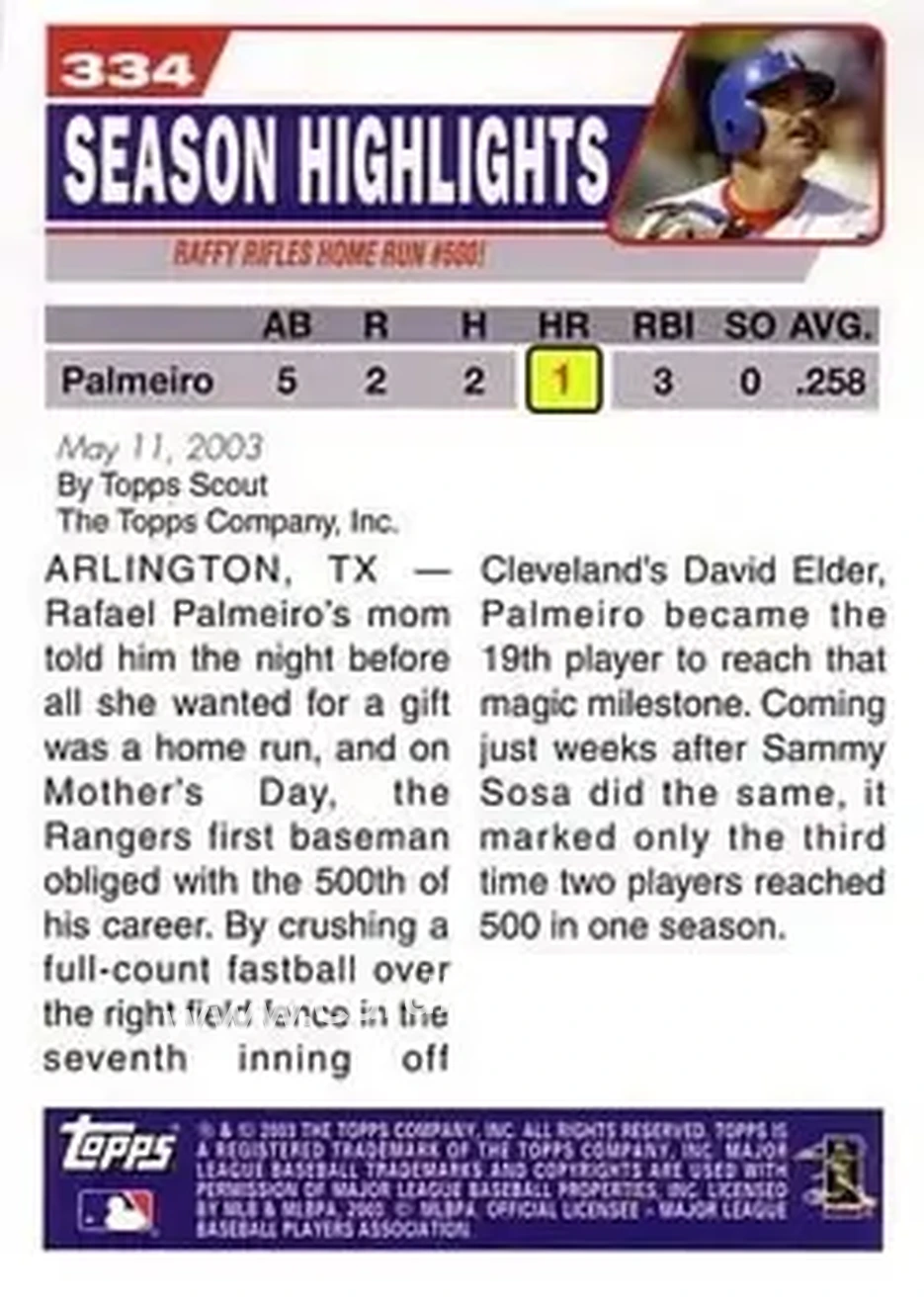 2004 Topps #334 - Palmeiro Joins 500 HR Club - Texas Rangers - Back