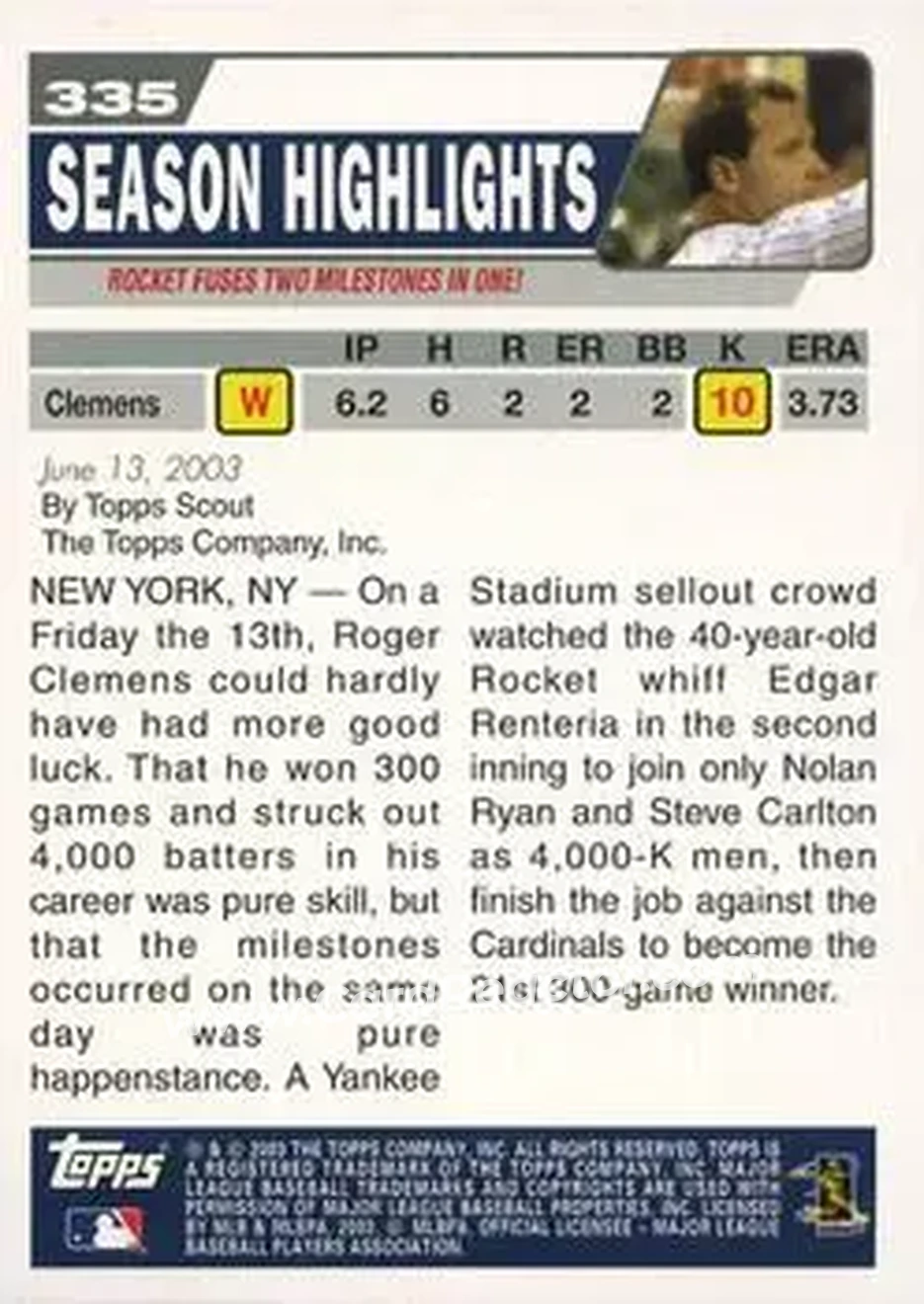2004 Topps #335 - Rocket Notches 300th Win & 4000th Strikeout - New York Yankees - Back