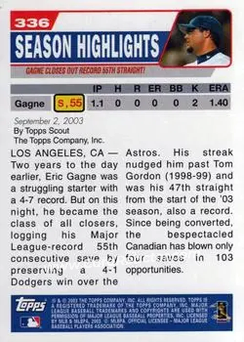 2004 Topps #336 - Gagne Sets Record With 55th Consecutive Save - Los Angeles Dodgers - Back 2004 Topps #336 - Gagne Sets Record With 55th Consecutive Save - Los Angeles Dodgers - Back