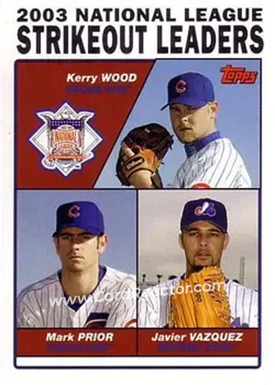 2004 Topps #348 - 2003 National League Strikeout Leaders (Kerry Wood - Mark Prior - Javier Vazquez) - Front