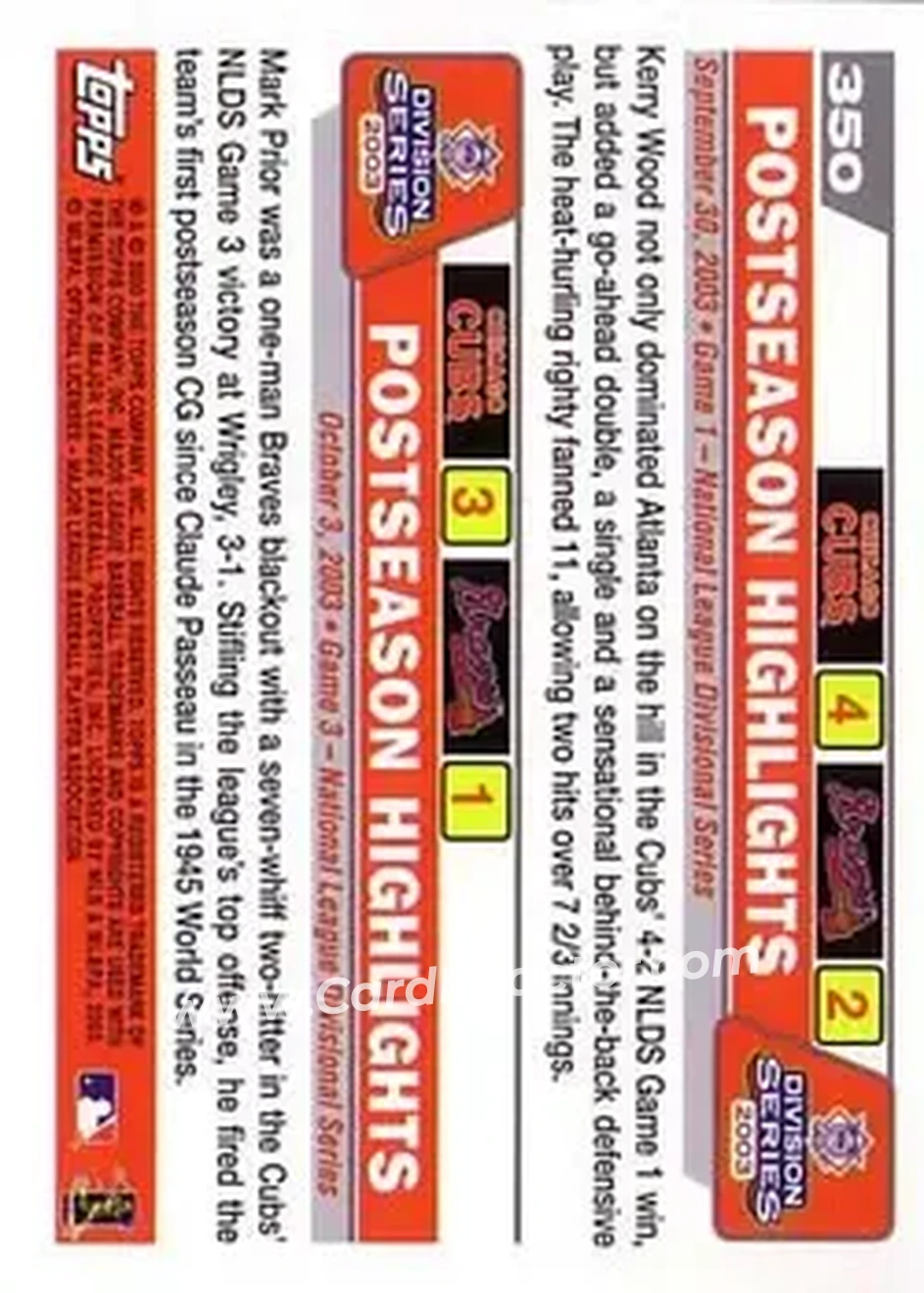 2004 Topps #350 - Woods Breaks Out the Lumber - Winning is Prior ity - Chicago Cubs - Back 2004 Topps #350 - Woods Breaks Out the Lumber - Winning is Prior ity - Chicago Cubs - Back