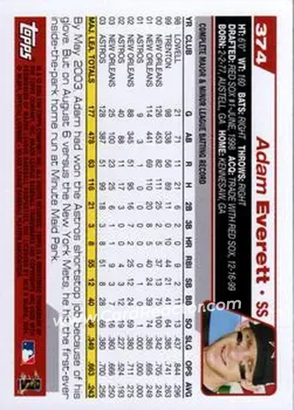 2004 Topps #374 - Adam Everett - Houston Astros - Back