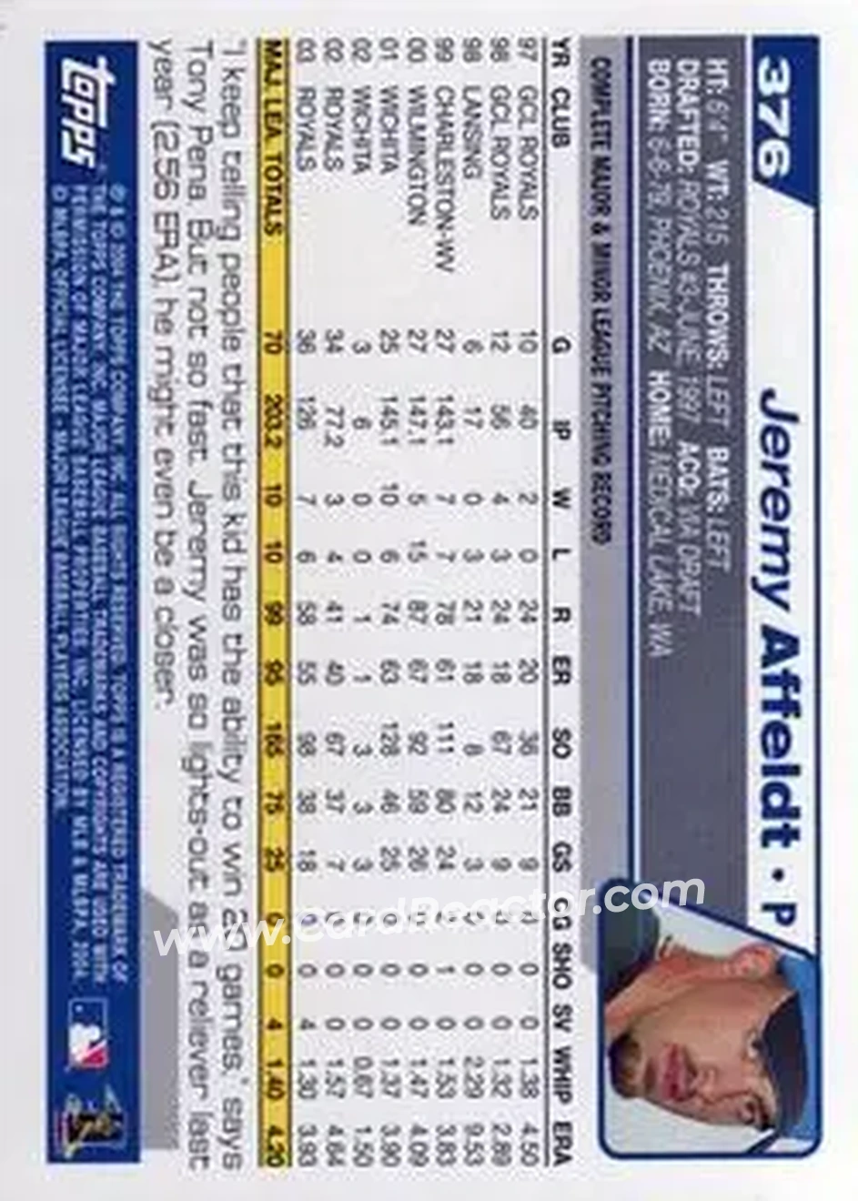 2004 Topps #376 - Jeremy Affeldt - Kansas City Royals - Back