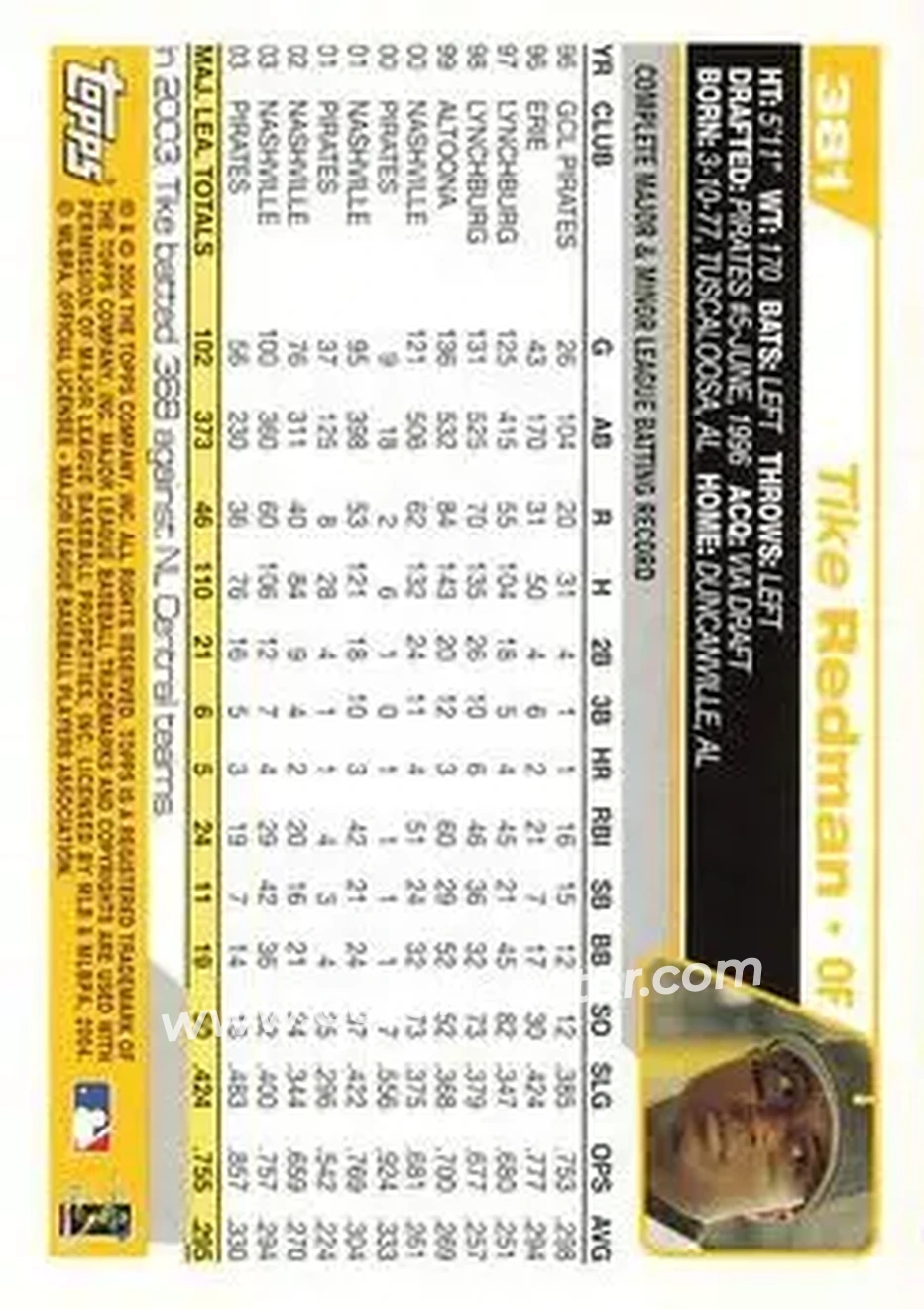 2004 Topps #381 - Tike Redman - Pittsburgh Pirates - Back 2004 Topps #381 - Tike Redman - Pittsburgh Pirates - Back