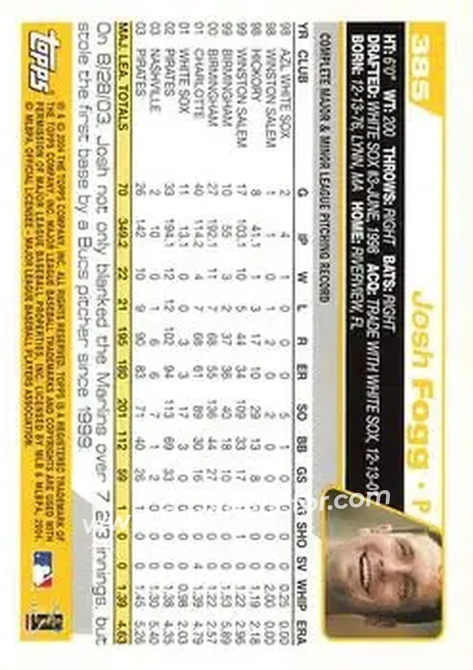2004 Topps #385 - Josh Fogg - Pittsburgh Pirates - Back