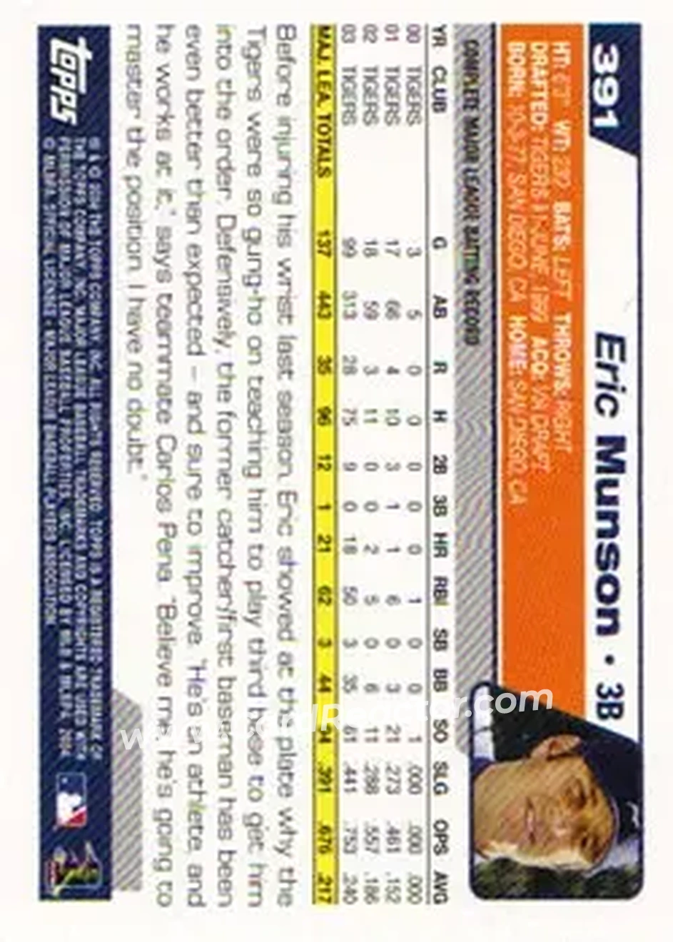 2004 Topps #391 - Eric Munson - Detroit Tigers - Back