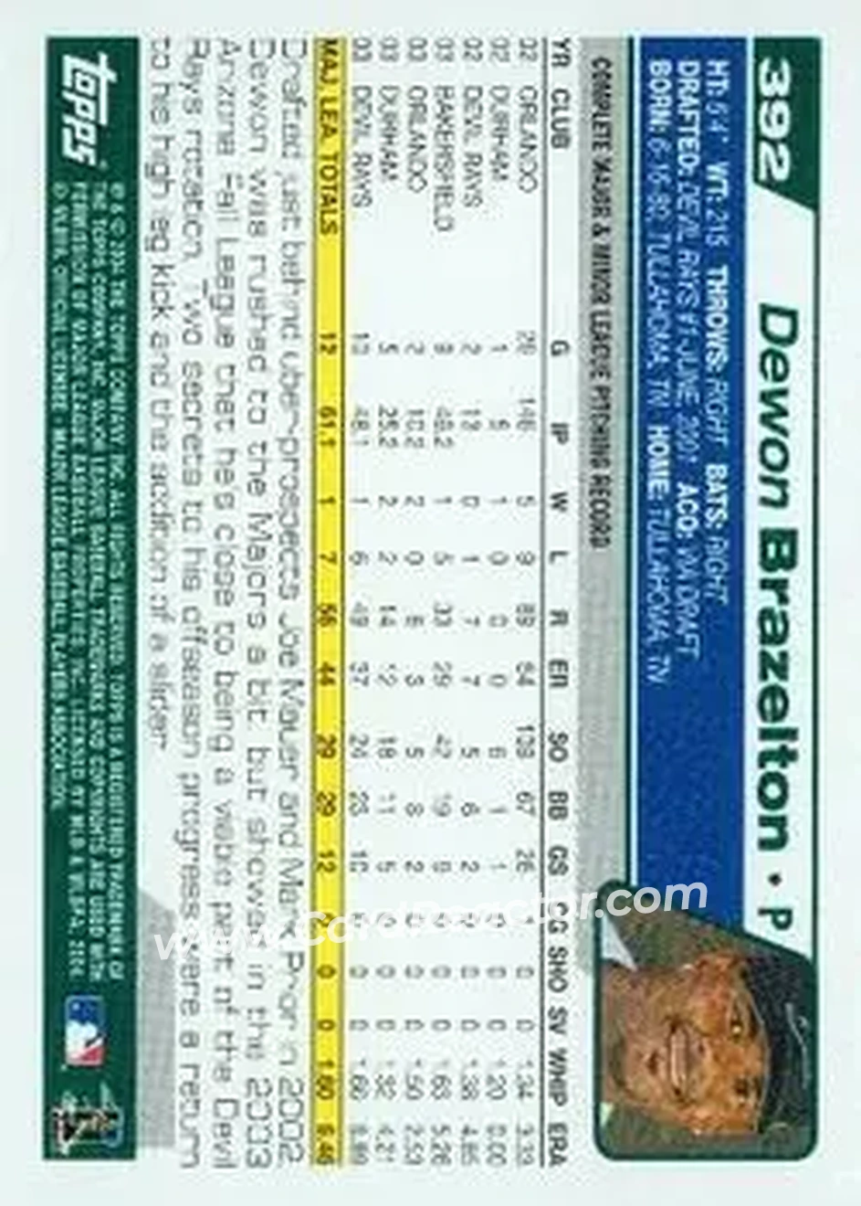 2004 Topps #392 - Dewon Brazelton - Tampa Bay Devil Rays - Back 2004 Topps #392 - Dewon Brazelton - Tampa Bay Devil Rays - Back