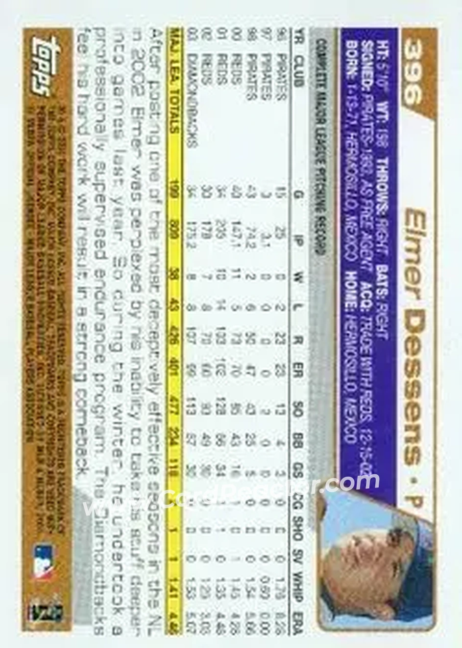 2004 Topps #396 - Elmer Dessens - Arizona Diamondbacks - Back