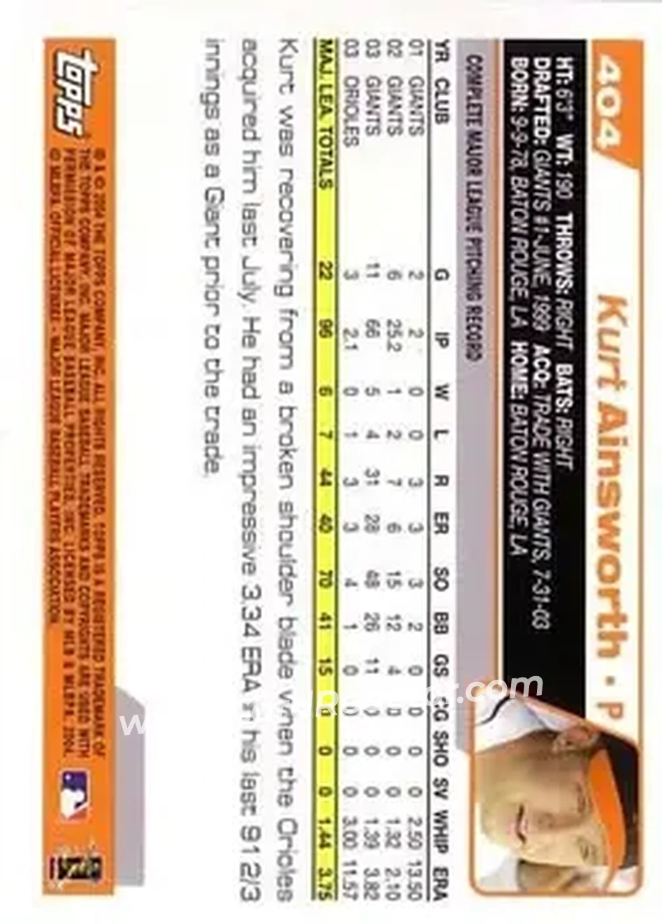 2004 Topps #404 - Kurt Ainsworth - Baltimore Orioles - Back