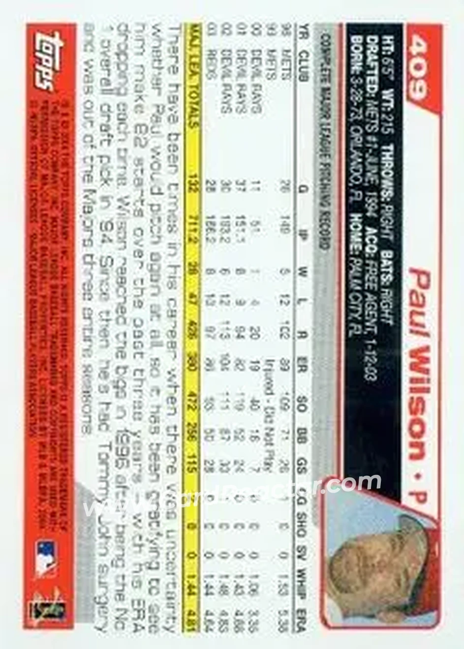 2004 Topps #409 - Paul Wilson - Cincinnati Reds - Back