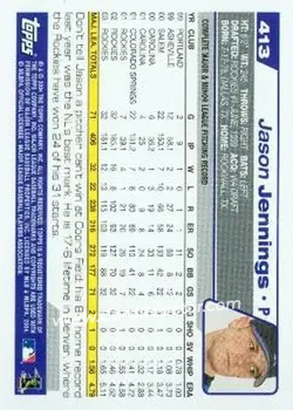2004 Topps #413 - Jason Jennings - Colorado Rockies - Back 2004 Topps #413 - Jason Jennings - Colorado Rockies - Back