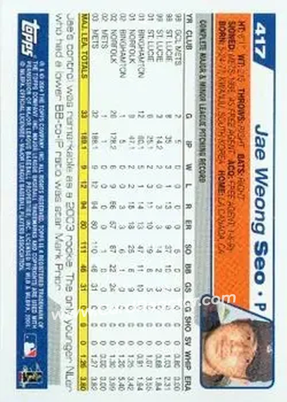 2004 Topps #417 - Jae Seo - New York Mets - Back 2004 Topps #417 - Jae Seo - New York Mets - Back