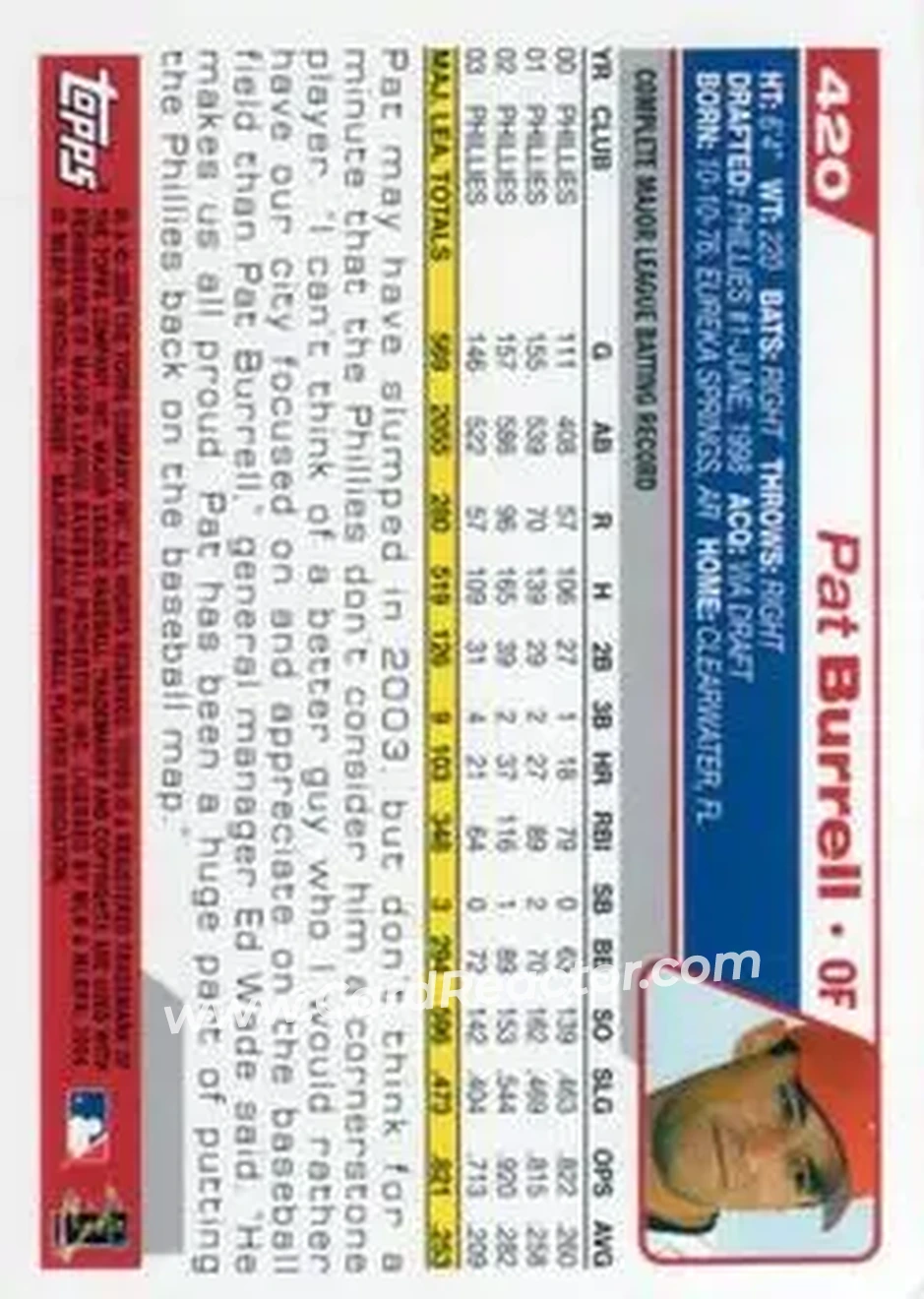 2004 Topps #420 - Pat Burrell - Philadelphia Phillies - Back 2004 Topps #420 - Pat Burrell - Philadelphia Phillies - Back