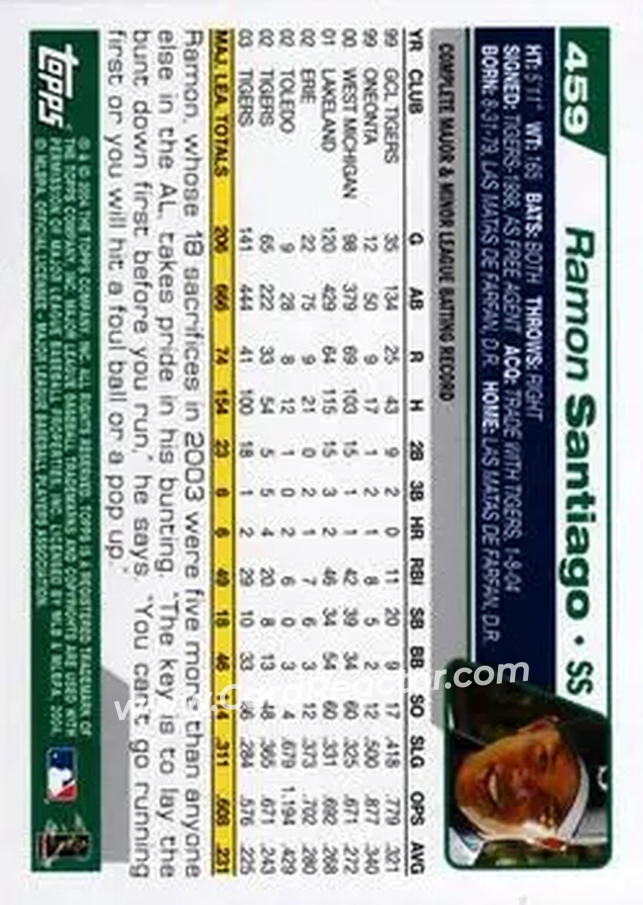 2004 Topps #459 - Ramon Santiago - Seattle Mariners - Back 2004 Topps #459 - Ramon Santiago - Seattle Mariners - Back