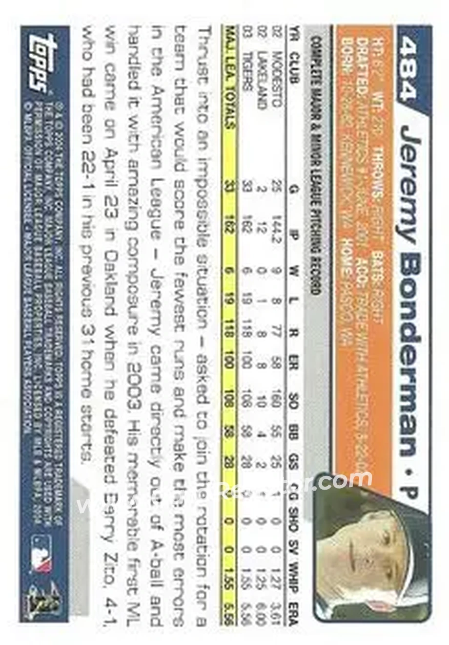 2004 Topps #484 - Jeremy Bonderman - Detroit Tigers - Back