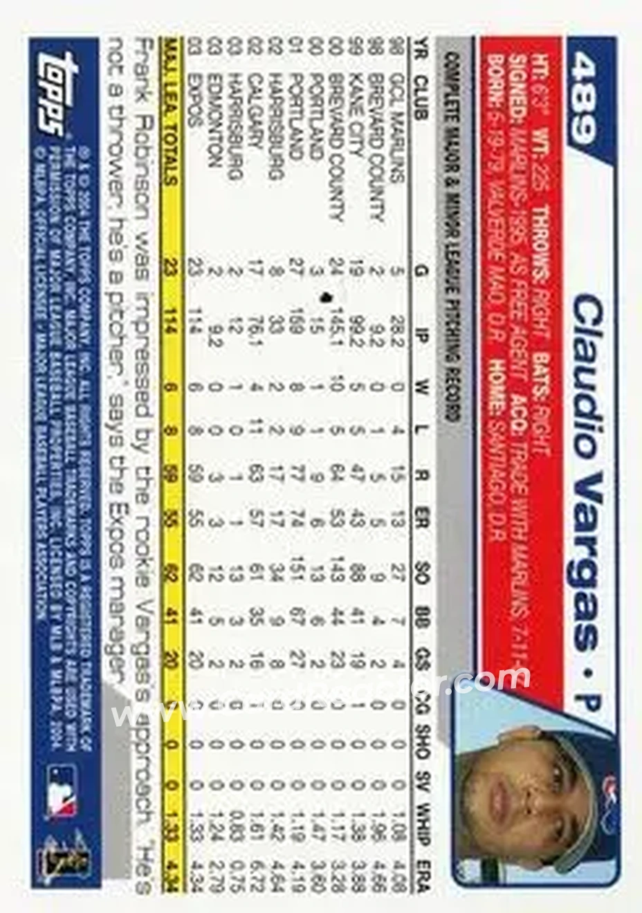 2004 Topps #489 - Claudio Vargas - Montreal Expos - Back