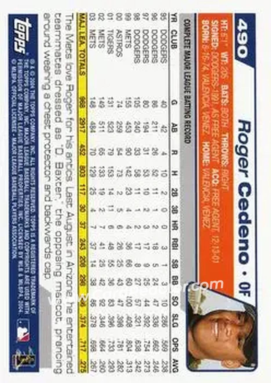 2004 Topps #490 - Roger Cedeno - New York Mets - Back 2004 Topps #490 - Roger Cedeno - New York Mets - Back