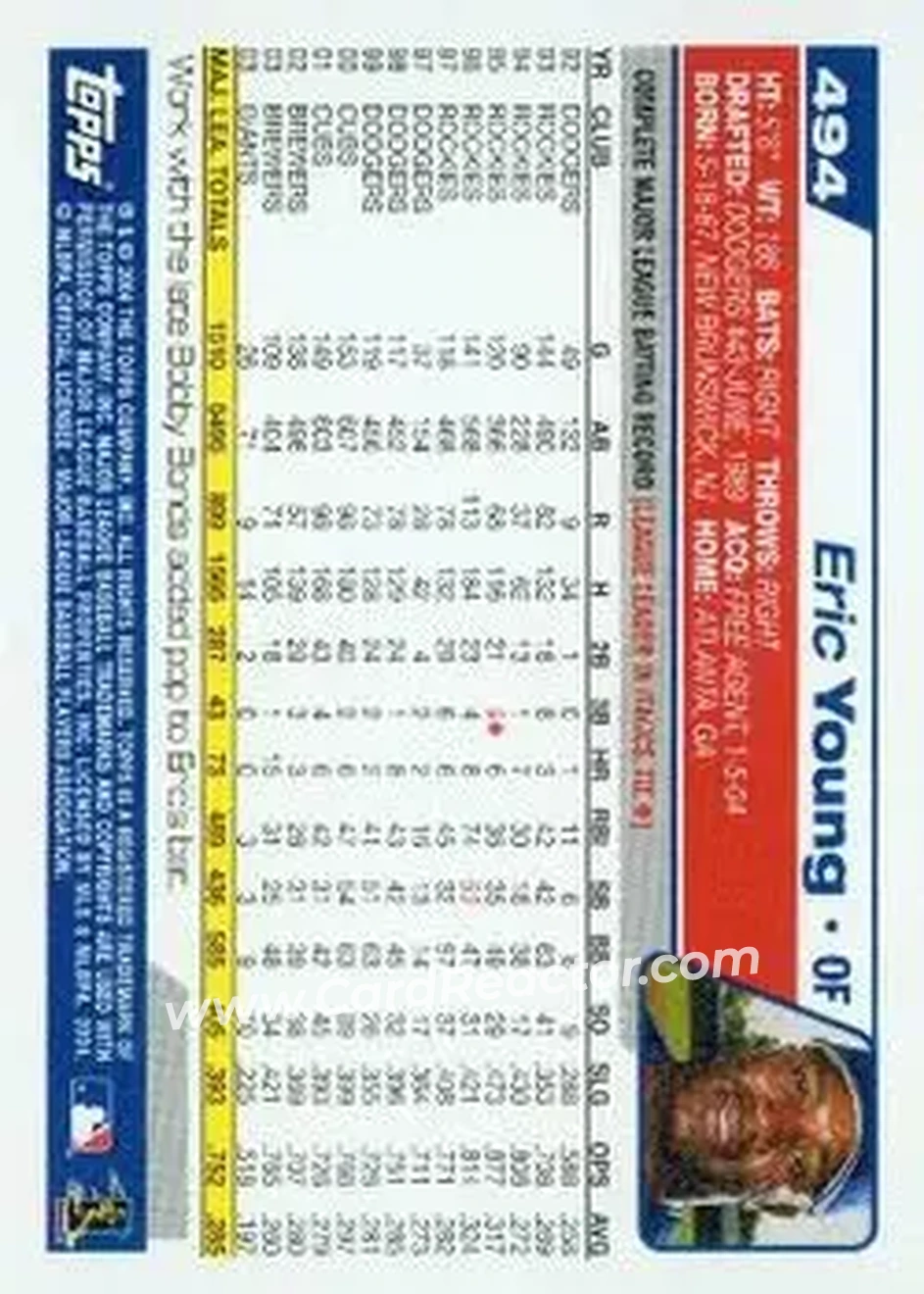 2004 Topps #494 - Eric Young - Texas Rangers - Back 2004 Topps #494 - Eric Young - Texas Rangers - Back