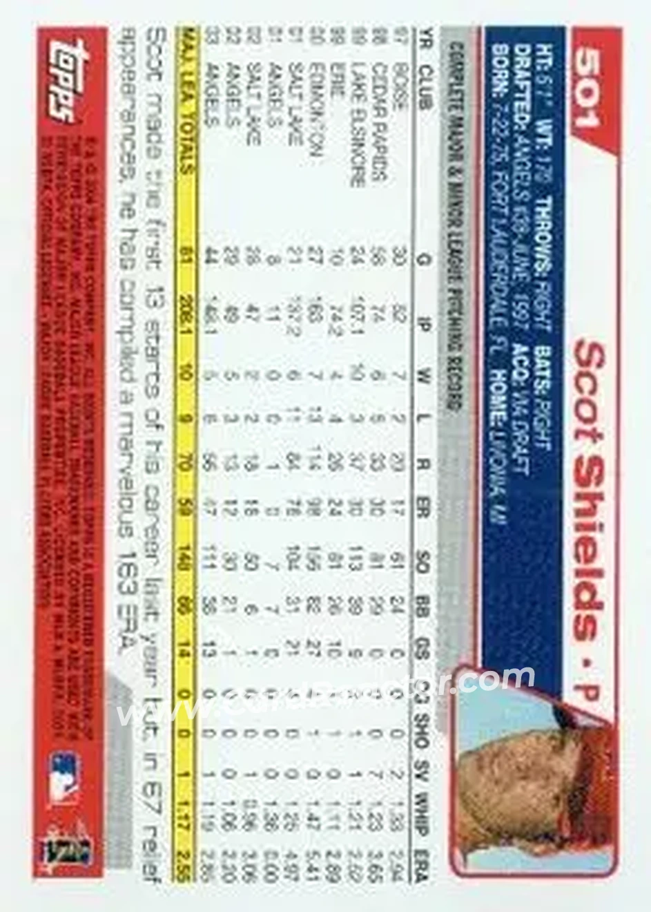 2004 Topps #501 - Scot Shields - Anaheim Angels - Back