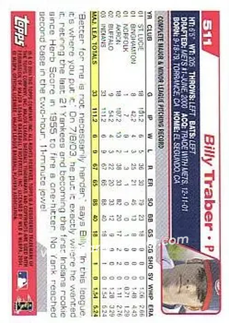 2004 Topps #511 - Billy Traber - Cleveland Indians - Back