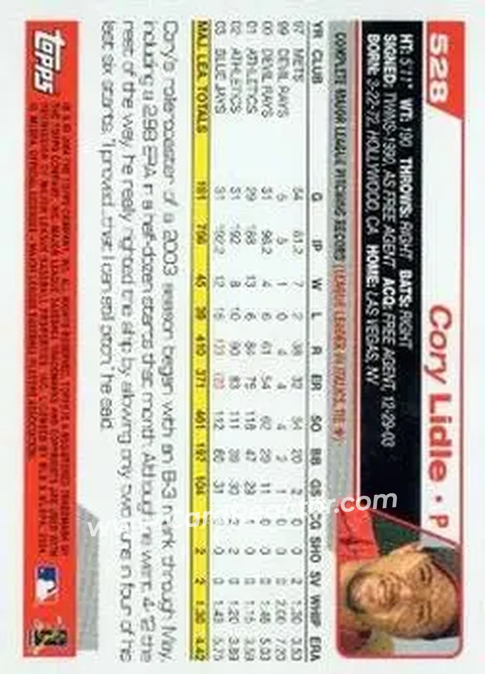 2004 Topps #528 - Cory Lidle - Cincinnati Reds - Back