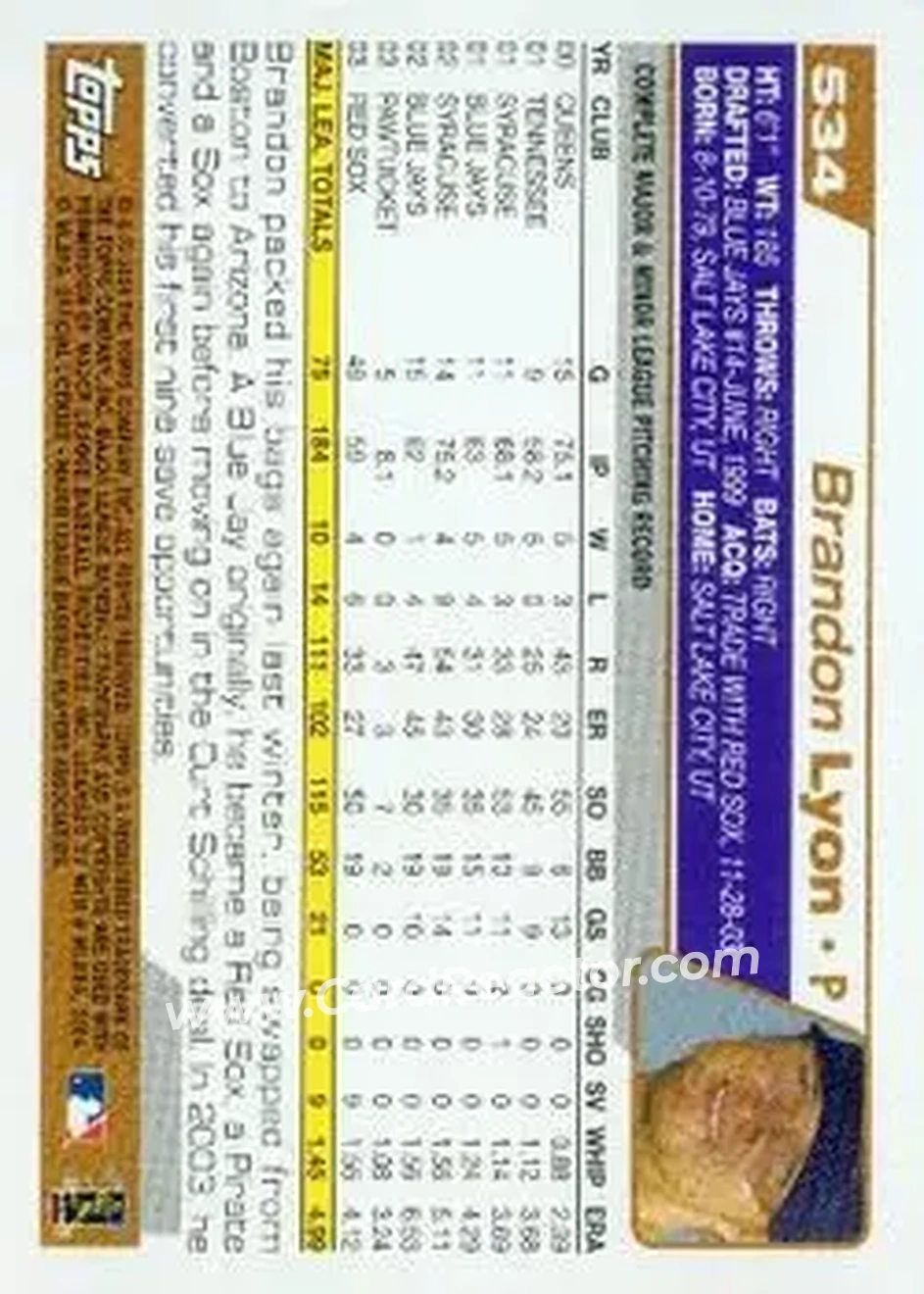 2004 Topps #534 - Brandon Lyon - Arizona Diamondbacks - Back