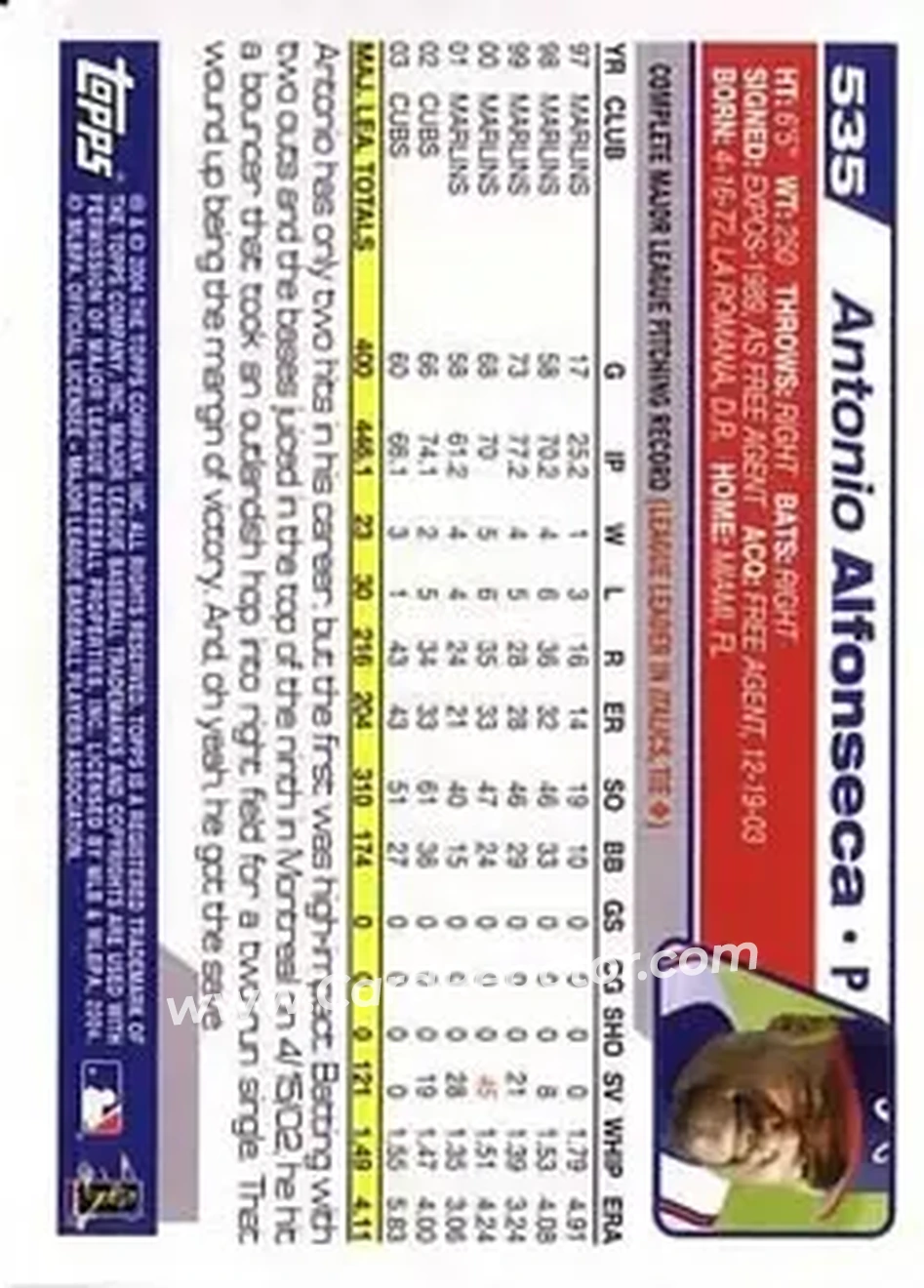 2004 Topps #535 - Antonio Alfonseca - Atlanta Braves - Back