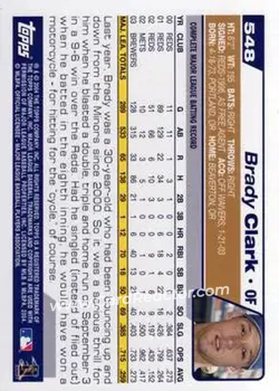 2004 Topps #548 - Brady Clark - Milwaukee Brewers - Back 2004 Topps #548 - Brady Clark - Milwaukee Brewers - Back
